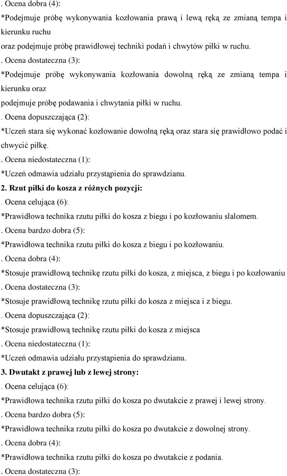 . Ocena dopuszczająca (2): *Uczeń stara się wykonać kozłowanie dowolną ręką oraz stara się prawidłowo podać i chwycić piłkę.