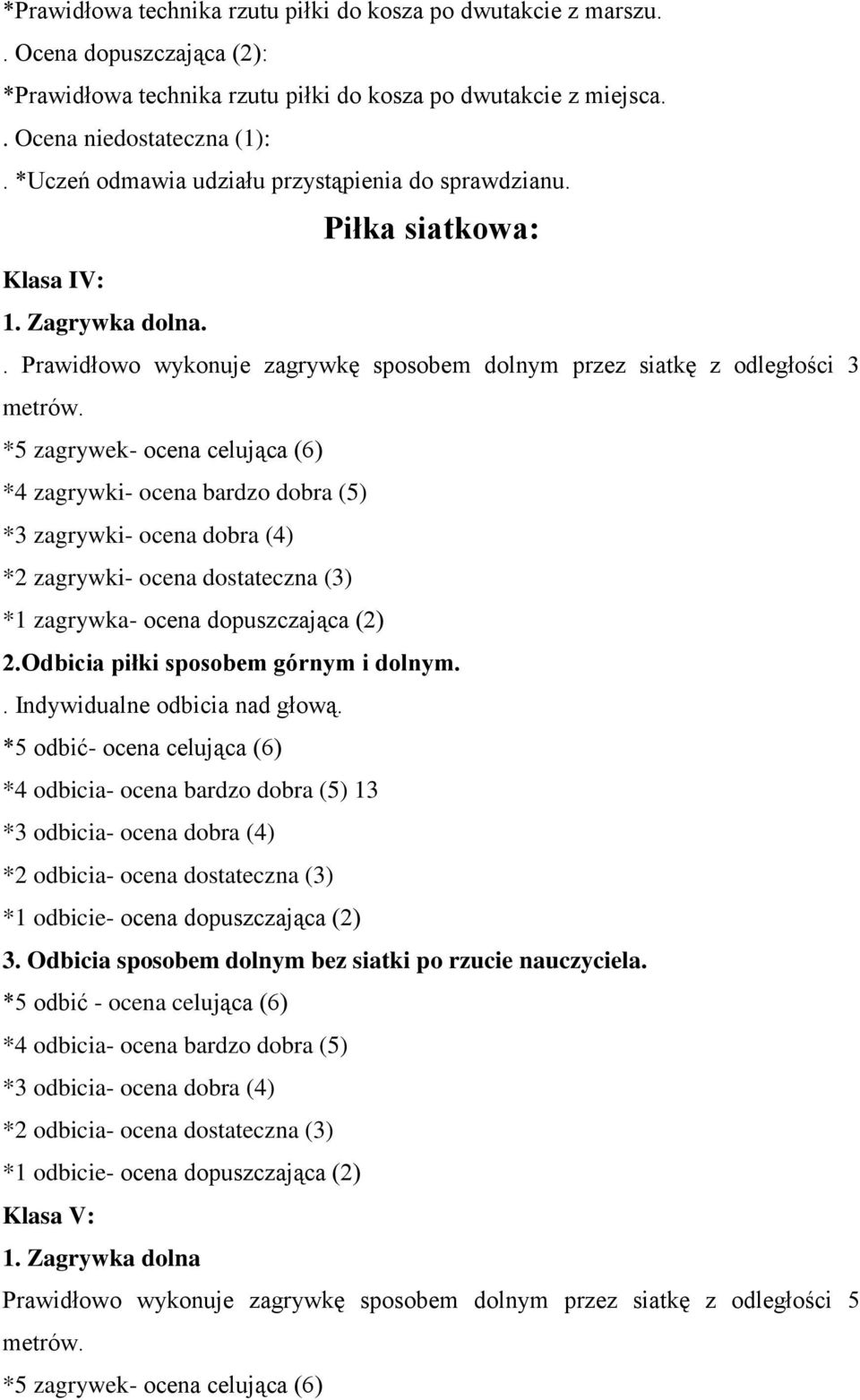 *5 zagrywek- ocena celująca (6) *4 zagrywki- ocena bardzo dobra (5) *3 zagrywki- ocena dobra (4) *2 zagrywki- ocena dostateczna (3) *1 zagrywka- ocena dopuszczająca (2) 2.