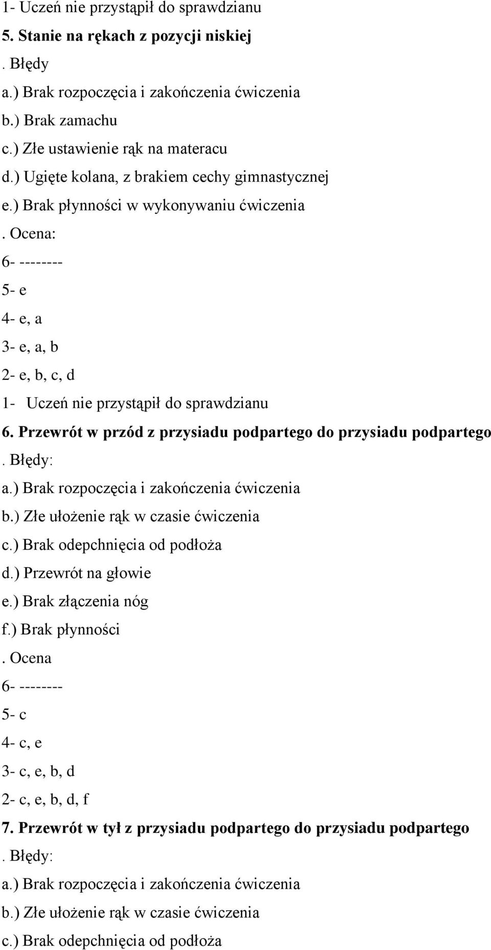 Przewrót w przód z przysiadu podpartego do przysiadu podpartego a.) Brak rozpoczęcia i zakończenia ćwiczenia b.) Złe ułożenie rąk w czasie ćwiczenia c.) Brak odepchnięcia od podłoża d.