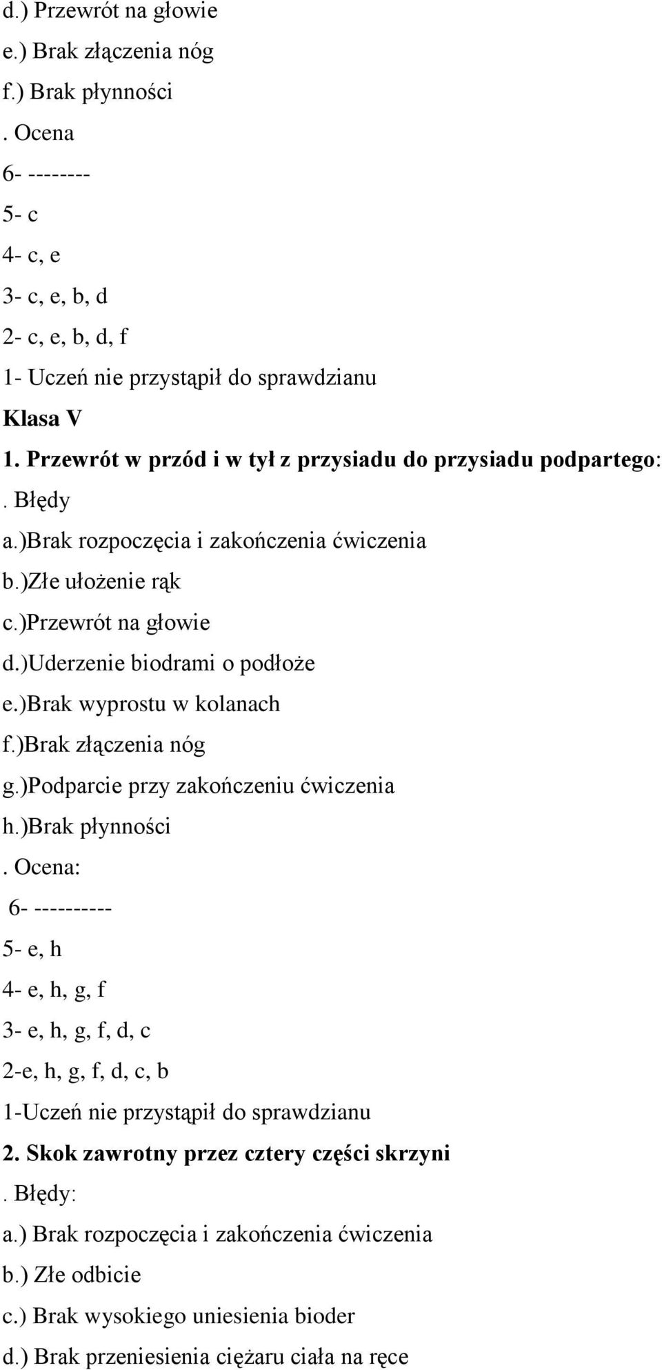 )brak wyprostu w kolanach f.)brak złączenia nóg g.)podparcie przy zakończeniu ćwiczenia h.)brak płynności.