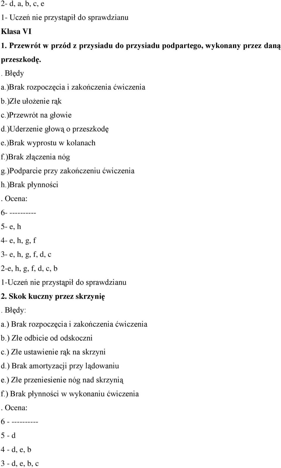 )podparcie przy zakończeniu ćwiczenia h.)brak płynności. Ocena: 6- ---------- 5- e, h 4- e, h, g, f 3- e, h, g, f, d, c 2-e, h, g, f, d, c, b 1-Uczeń nie przystąpił do sprawdzianu 2.