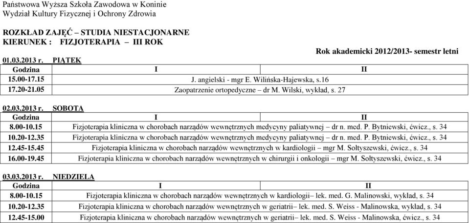 35 Fizjoterapia kliniczna w chorobach narządów wewnętrznych medycyny paliatywnej dr n. med. P. Bytniewski, ćwicz., s. 34 12.45-15.