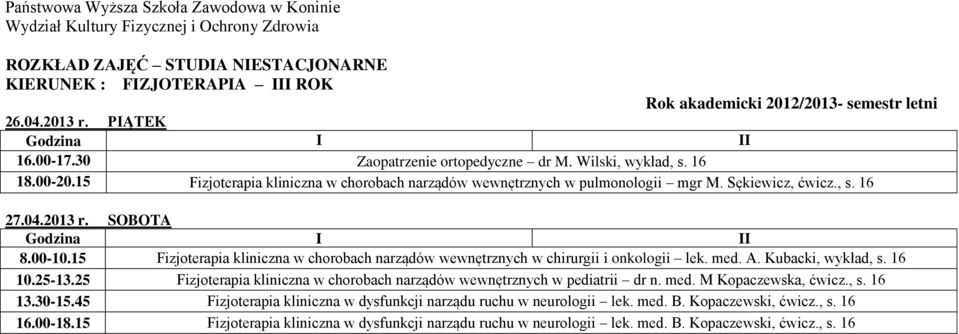 15 Fizjoterapia kliniczna w chorobach narządów wewnętrznych w chirurgii i onkologii lek. med. A. Kubacki, wykład, s. 16 10.25-13.