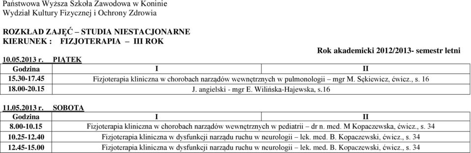 15 Fizjoterapia kliniczna w chorobach narządów wewnętrznych w pediatrii dr n. med. M Kopaczewska, ćwicz., s. 34 10.25-12.