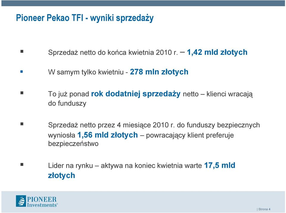 klienci wracają do funduszy Sprzedaż netto przez 4 miesiące 2010 r.