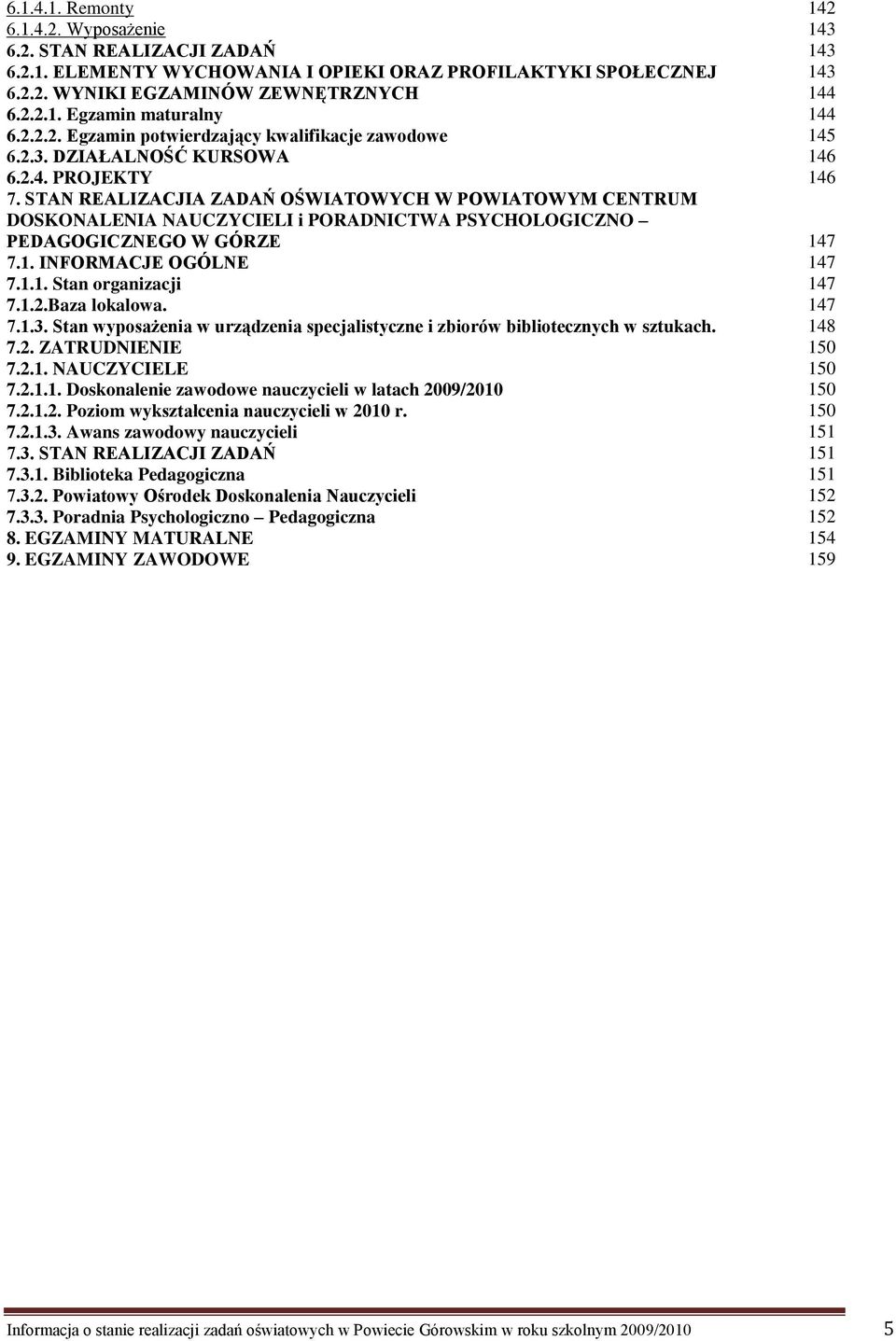 INFORMACJE OGÓLNE 7.1.1. Stan organizacji 7.1.2.Baza lokalowa. 7.1.3. Stan wyposażenia w urządzenia specjalistyczne i zbiorów bibliotecznych w sztukach. 7.2. ZATRUDNIENIE 7.2.1. NAUCZYCIELE 7.2.1.1. Doskonalenie zawodowe nauczycieli w latach 2009/2010 7.