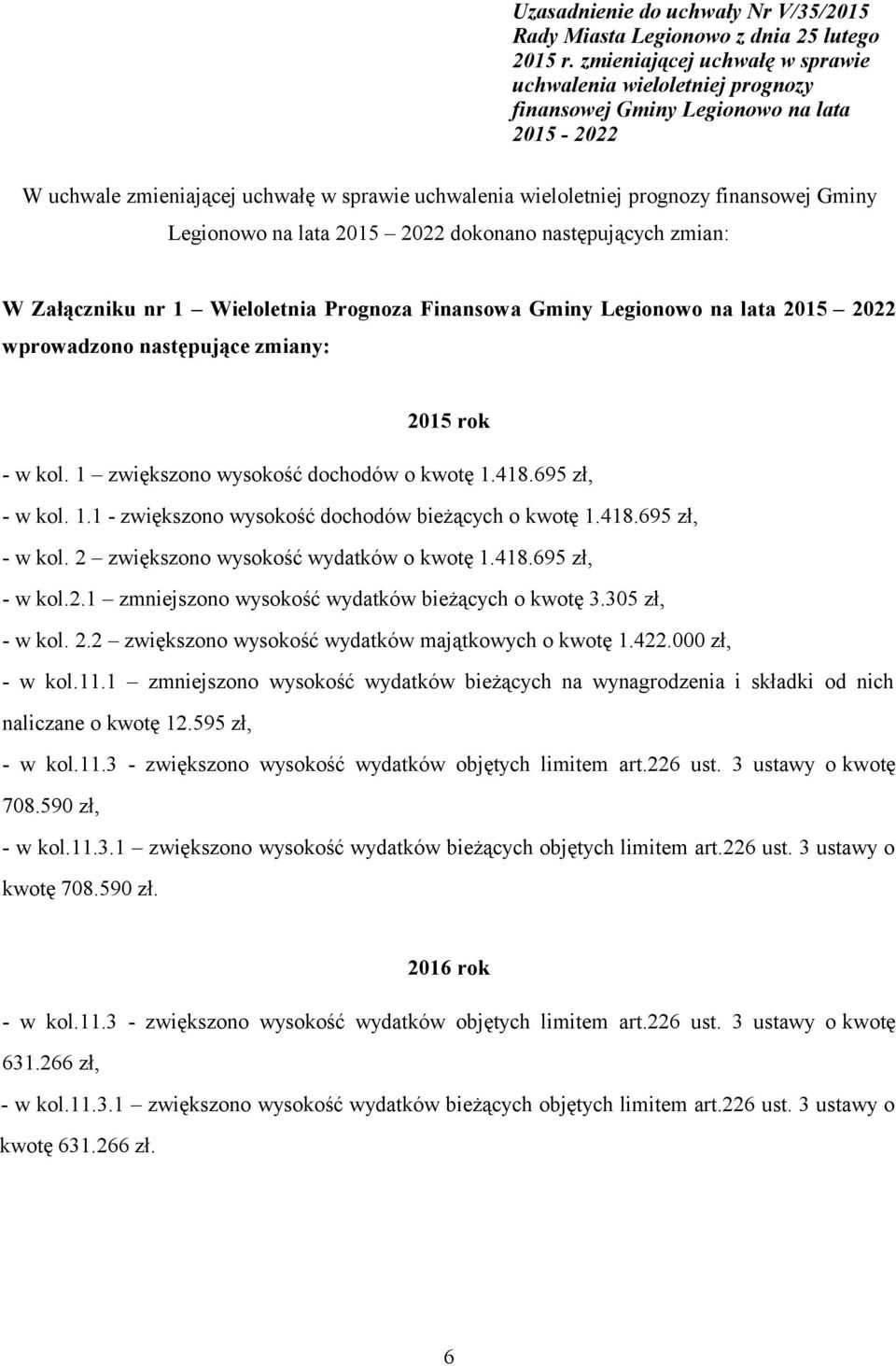 Legionowo na lata 2015 2022 dokonano następujących zmian: W Załączniku nr 1 Wieloletnia Prognoza Finansowa Gminy Legionowo na lata 2015 2022 wprowadzono następujące zmiany: 2015 rok - w kol.