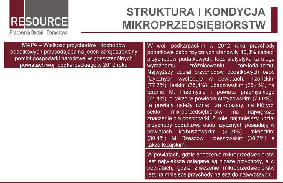 Najwyższy udział przychodów podatkowych osób fizycznych występuje w powiatach: niżańskim (77,7%), leskim (75,4%) lubaczowskim (75,4%), na terenie M.