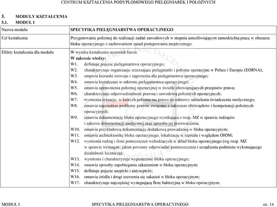 pracę w obszarze bloku operacyjnego z zachowaniem zasad postępowania aseptycznego. W wyniku kształcenia uczestnik kursu: W zakresie wiedzy: W1. definiuje pojęcie pielęgniarstwa operacyjnego; W2.