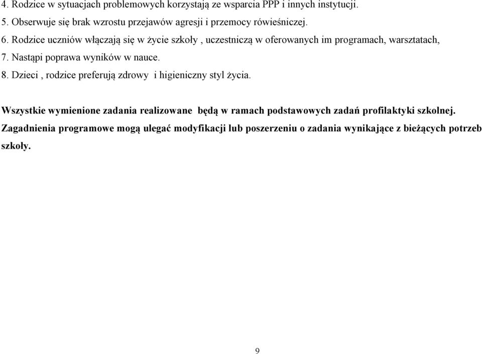 Rodzice uczniów włączają się w życie szkoły, uczestniczą w oferowanych im programach, warsztatach, 7. Nastąpi poprawa wyników w nauce. 8.