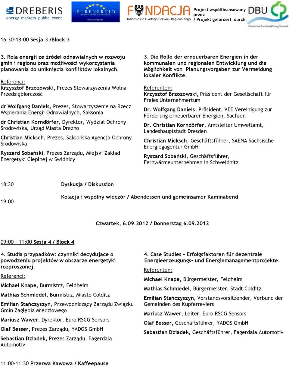 Wydział Ochrony Środowiska, Urząd Miasta Drezno Christian Micksch, Prezes, Saksońska Agencja Ochrony Środowiska Ryszard Sobański, Prezes Zarządu, Miejski Zakład Energetyki Cieplnej w Świdnicy 3.