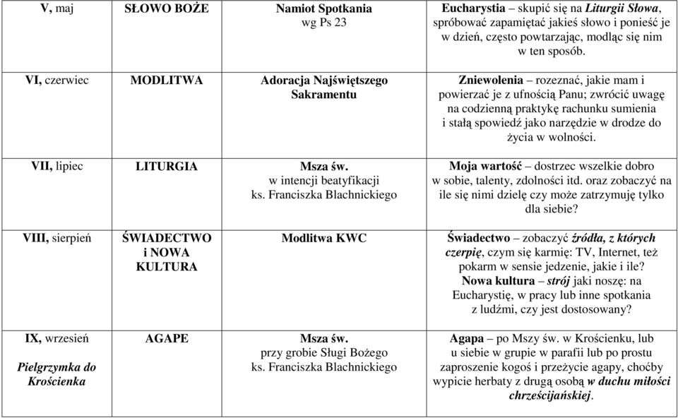 Zniewolenia rozeznać, jakie mam i powierzać je z ufnością Panu; zwrócić uwagę na codzienną praktykę rachunku sumienia i stałą spowiedź jako narzędzie w drodze do życia w wolności.