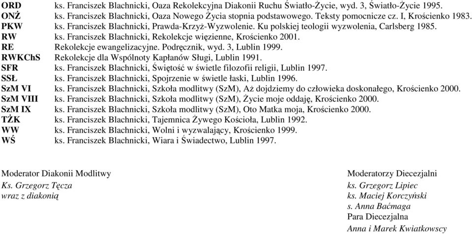 RE Rekolekcje ewangelizacyjne. Podręcznik, wyd. 3, Lublin 1999. RWKChS Rekolekcje dla Wspólnoty Kapłanów Sługi, Lublin 1991. SFR ks.