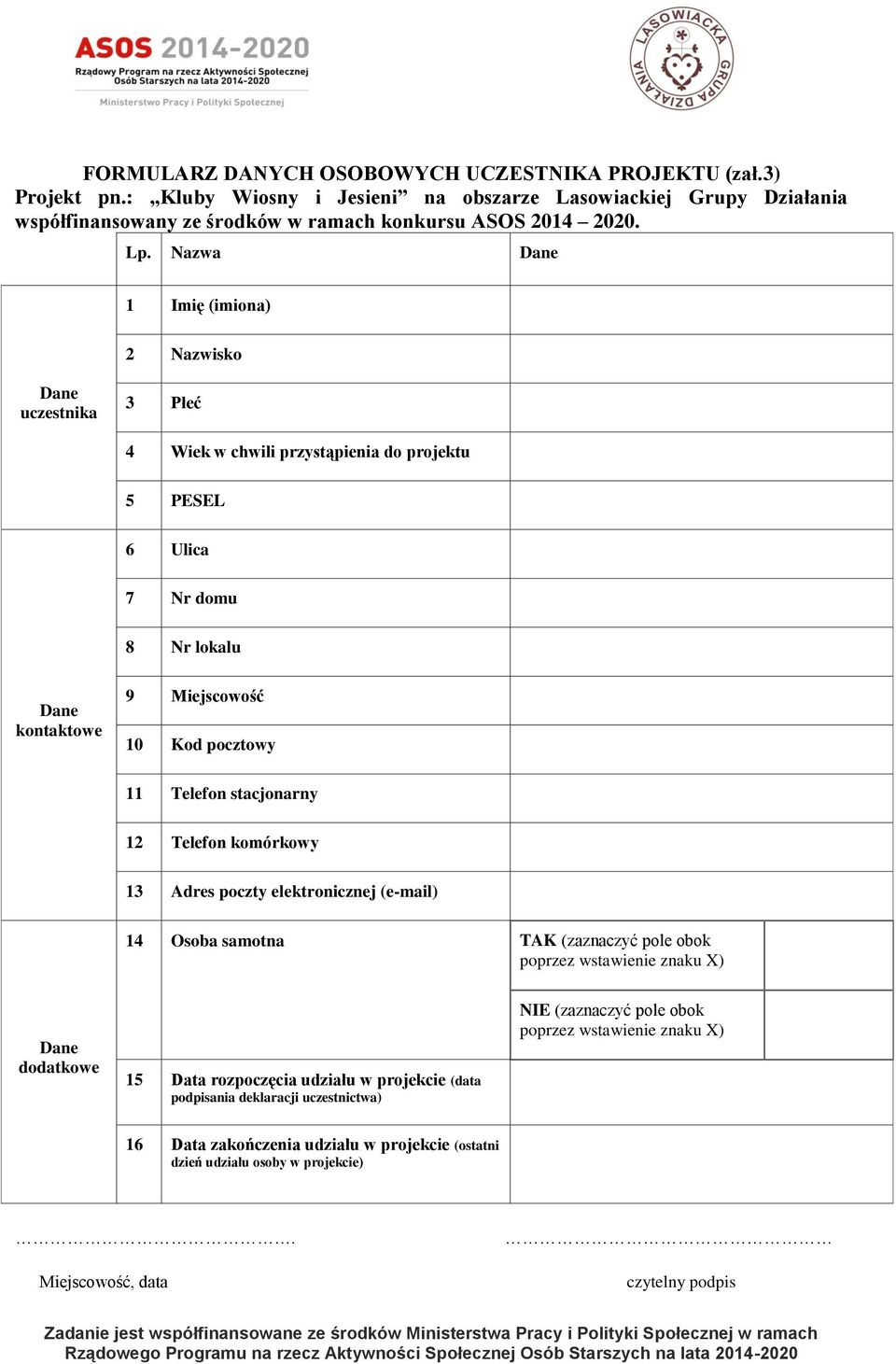 stacjonarny 12 Telefon komórkowy 13 Adres poczty elektronicznej (e-mail) 14 Osoba samotna TAK (zaznaczyć pole obok poprzez wstawienie znaku X) Dane dodatkowe 15 Data rozpoczęcia udziału w projekcie