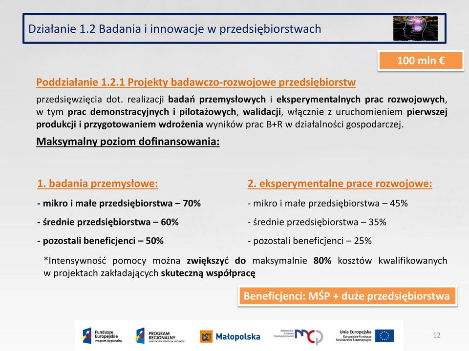 wyników prac B+R w działalności gospodarczej. Maksymalny poziom dofinansowania: 100 mln 1.