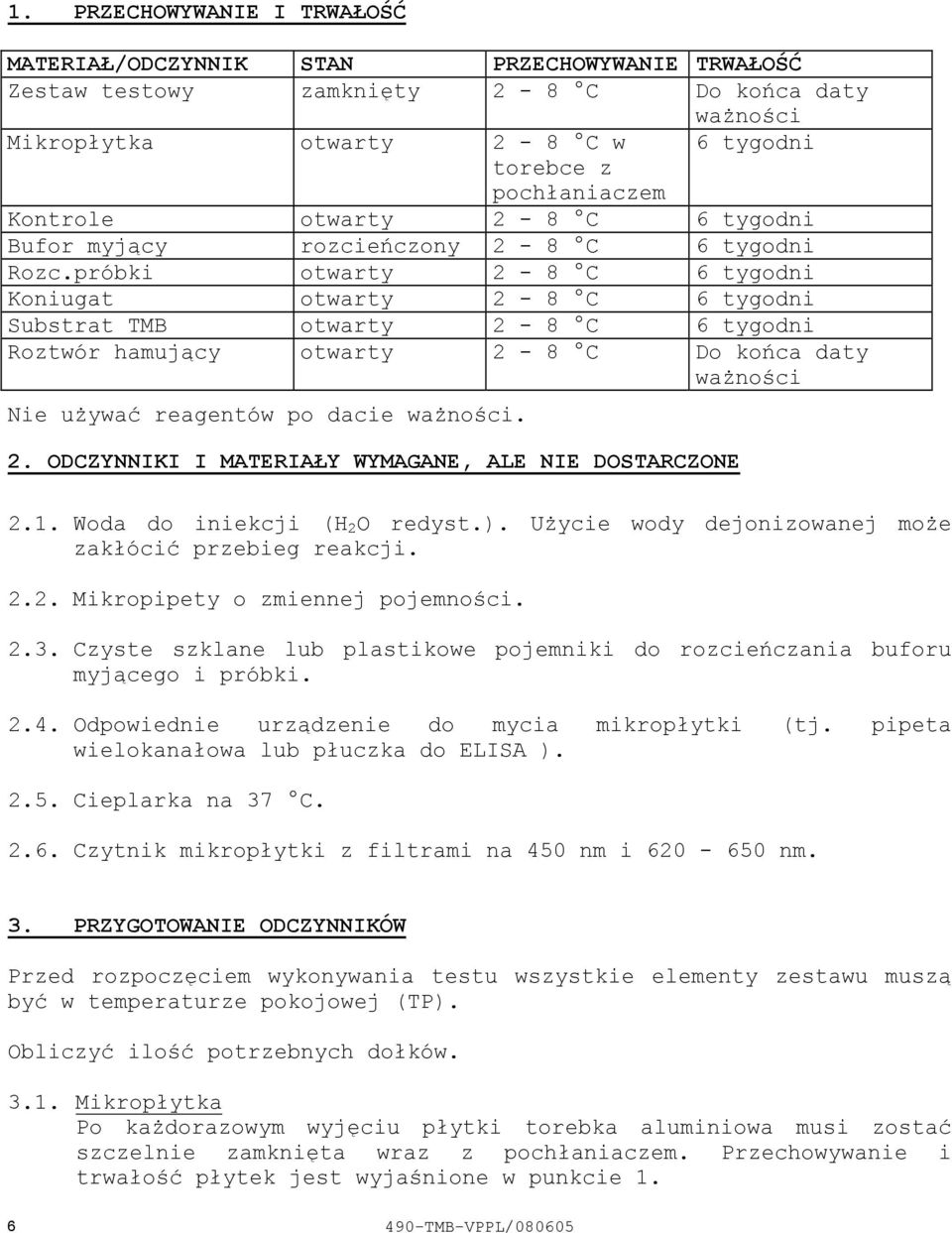 próbki otwarty 2 8 C 6 tygodni Koniugat otwarty 2 8 C 6 tygodni Substrat TMB otwarty 2 8 C 6 tygodni Roztwór hamujący otwarty 2 8 C Do końca daty ważności Nie używać reagentów po dacie ważności. 2. ODCZYNNIKI I MATERIAŁY WYMAGANE, ALE NIE DOSTARCZONE 2.