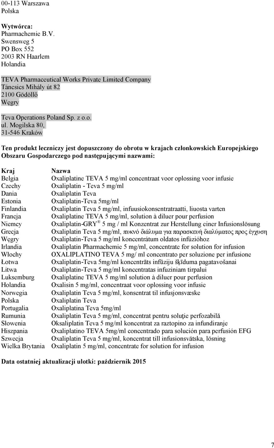 Mogilska 80, 31-546 Kraków Ten produkt leczniczy jest dopuszczony do obrotu w krajach członkowskich Europejskiego Obszaru Gospodarczego pod następującymi nazwami: Kraj Belgia Czechy Dania Estonia