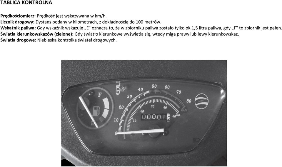 Wskaźnik paliwa: Gdy wskaźnik wskazuje E" oznacza to, że w zbiorniku paliwa zostało tylko ok 1,5 litra paliwa,