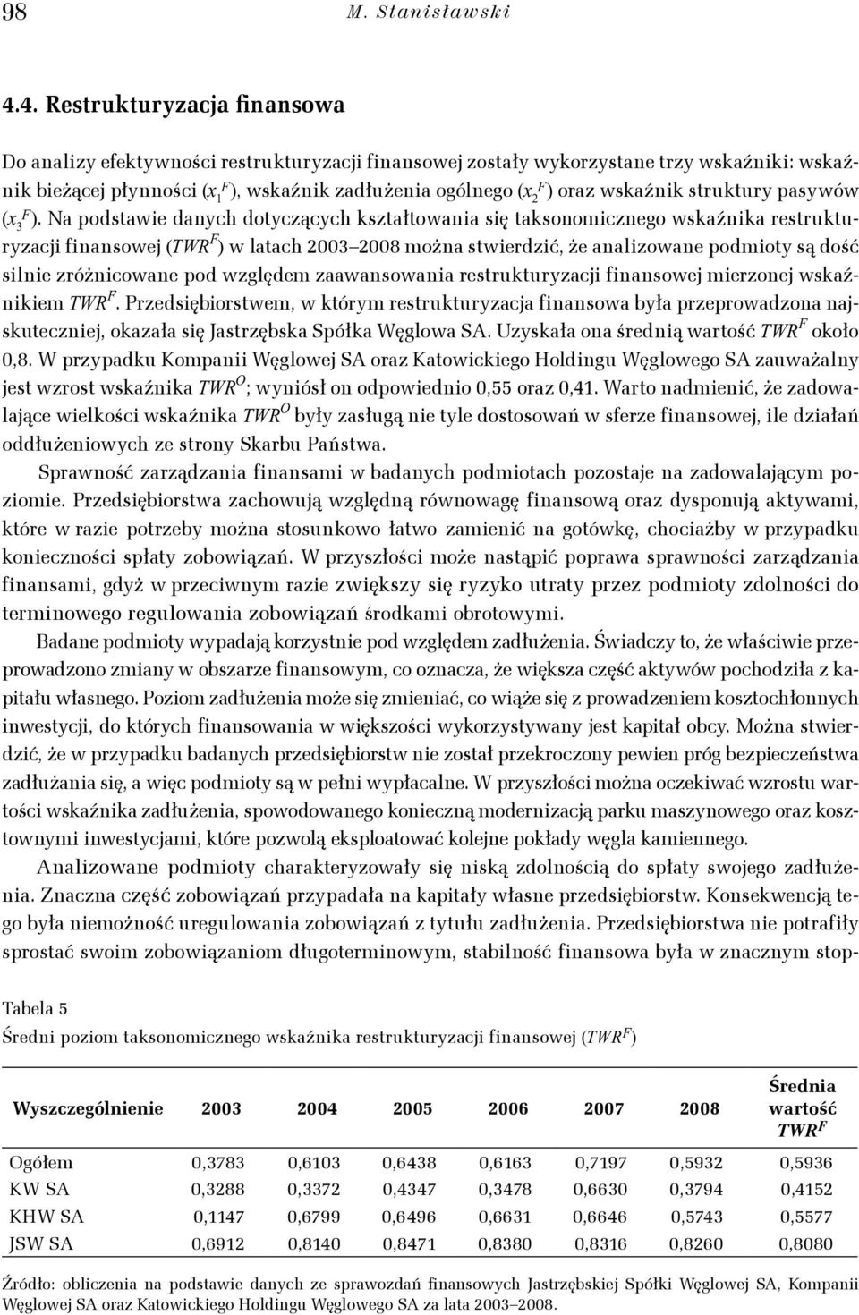 fnansowe merzone wsaźnem TR F. Przedsęborswem, w órm resruurzaca fnansowa bła przeprowadzona nasueczne, oazała sę Jasrzębsa Spóła ęglowa SA. Uzsała ona średną warość TR F ooło,8.