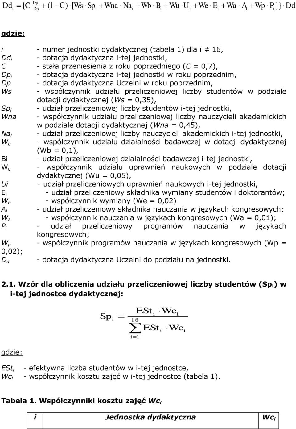 dydaktycznej (Ws = 0,35), Sp - udzał przelczenowej lczby studentów -tej jednostk, Wna - współczynnk udzału przelczenowej lczby nauczycel akademckch w podzale dotacj dydaktycznej (Wna = 0,45), Na -