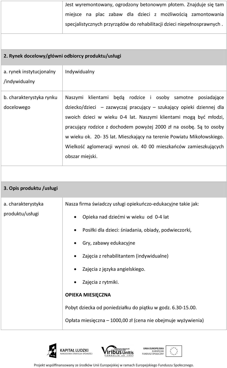 charakterystyka rynku docelowego Naszymi klientami będą rodzice i osoby samotne posiadające dziecko/dzieci zazwyczaj pracujący szukający opieki dziennej dla swoich dzieci w wieku 0-4 lat.