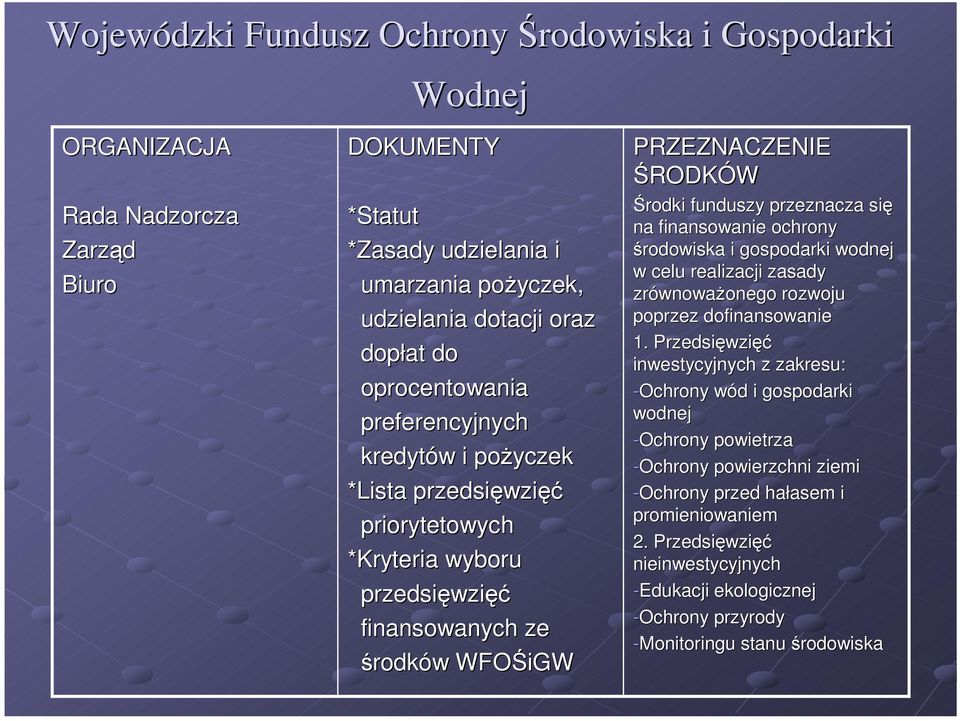 przeznacza się na finansowanie ochrony środowiska i gospodarki wodnej w celu realizacji zasady zrównowaŝonego rozwoju poprzez dofinansowanie 1.