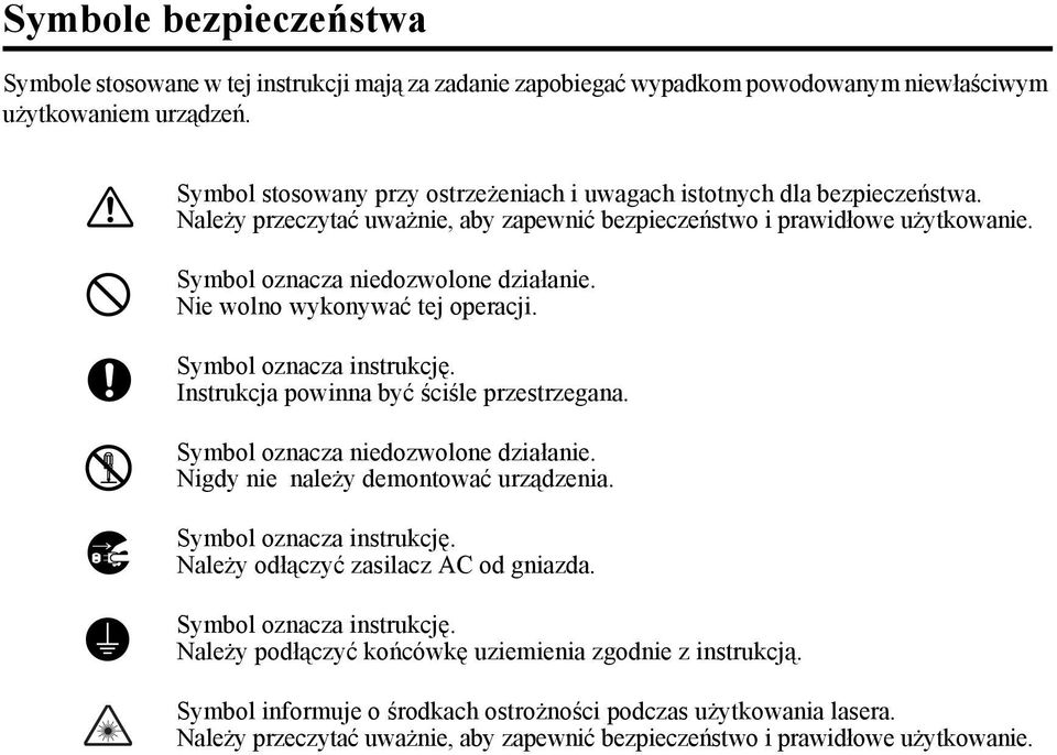 Nie wolno wykonywać tej operacji. Symbol oznacza instrukcję. Instrukcja powinna być ściśle przestrzegana. Symbol oznacza niedozwolone działanie. Nigdy nie należy demontować urządzenia.