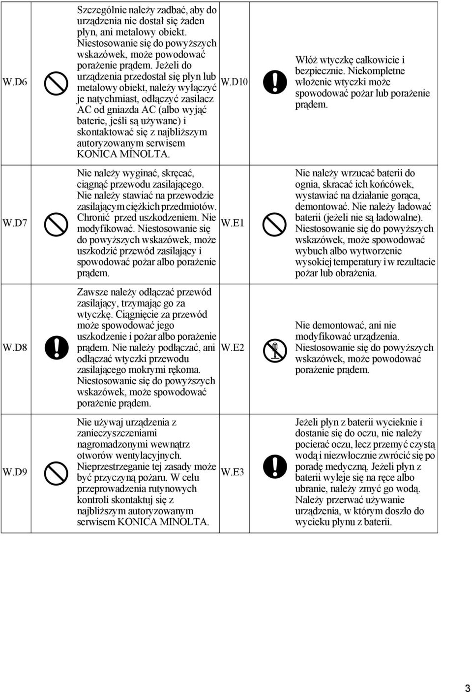 D10 metalowy obiekt, należy wyłączyć je natychmiast, odłączyć zasilacz AC od gniazda AC (albo wyjąć baterie, jeśli są używane) i skontaktować się z najbliższym autoryzowanym serwisem KONICA MINOLTA.
