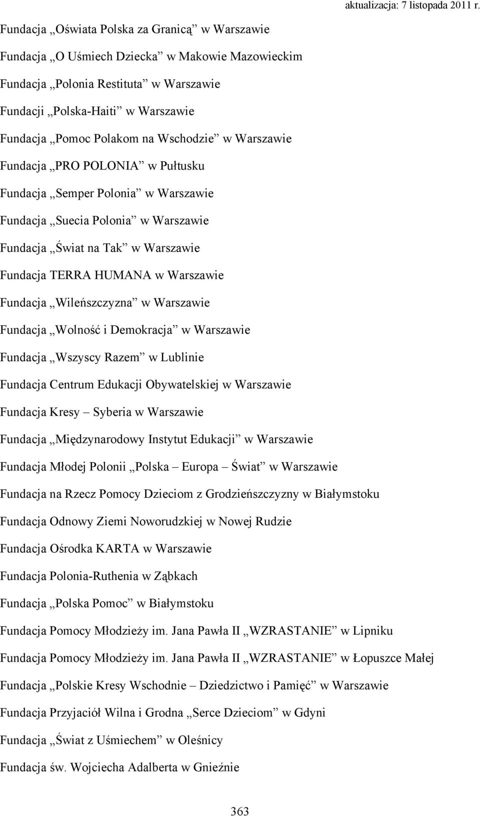 Fundacja Wileńszczyzna w Warszawie Fundacja Wolność i Demokracja w Warszawie Fundacja Wszyscy Razem w Lublinie Fundacja Centrum Edukacji Obywatelskiej w Warszawie Fundacja Kresy Syberia w Warszawie