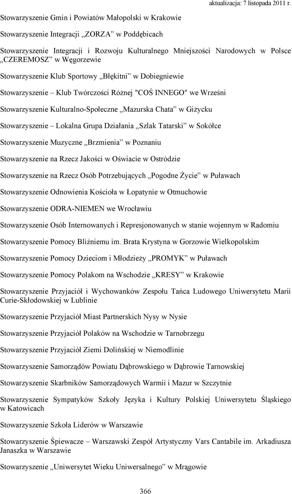 Stowarzyszenie Lokalna Grupa Działania Szlak Tatarski w Sokółce Stowarzyszenie Muzyczne Brzmienia w Poznaniu Stowarzyszenie na Rzecz Jakości w Oświacie w Ostródzie Stowarzyszenie na Rzecz Osób