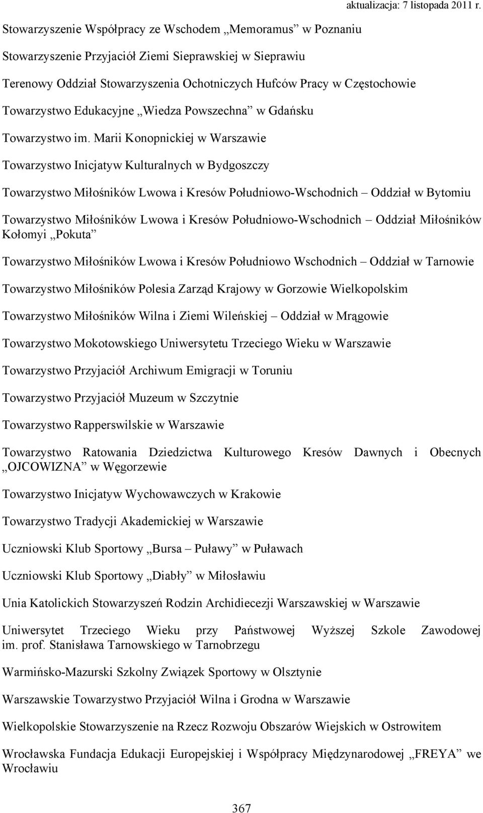 Marii Konopnickiej w Warszawie Towarzystwo Inicjatyw Kulturalnych w Bydgoszczy Towarzystwo Miłośników Lwowa i Kresów Południowo-Wschodnich Oddział w Bytomiu Towarzystwo Miłośników Lwowa i Kresów