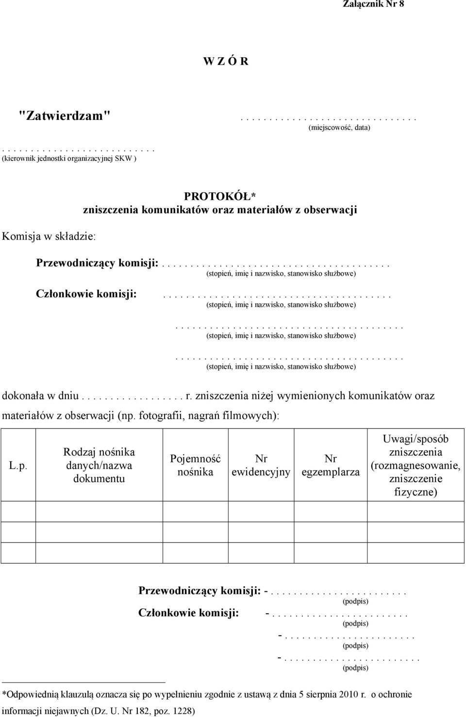 ................. r. zniszczenia niżej wymienionych komunikatów oraz materiałów z obserwacji (np.