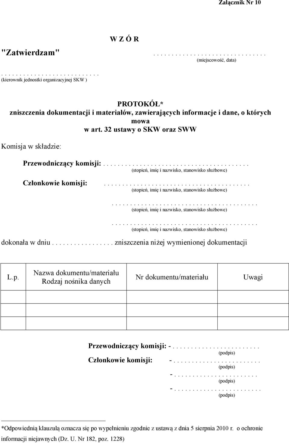 32 ustawy o SKW oraz SWW Komisja w składzie: Przewodniczący komisji: Członkowie komisji: dokonała w dniu................. zniszczenia niżej wymienionej dokumentacji L.p.