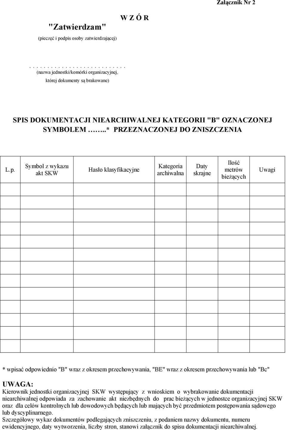 p. Symbol z wykazu akt SKW Hasło klasyfikacyjne Kategoria archiwalna Daty skrajne Ilość metrów bieżących Uwagi * wpisać odpowiednio "B" wraz z okresem przechowywania, "BE" wraz z okresem