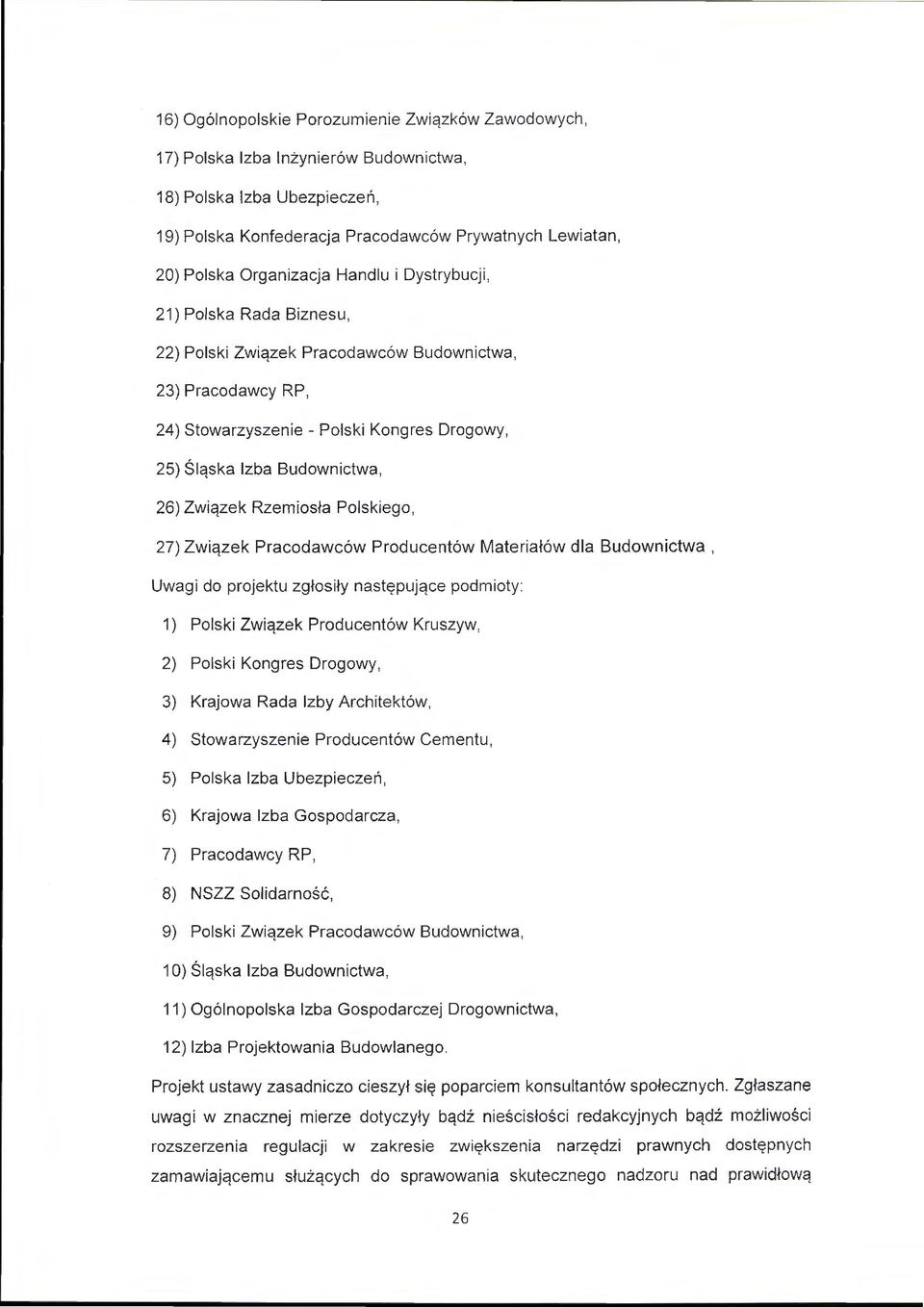 Związek Rzemiosła Polskiego, 27) Związek Pracodawców Producentów Materiałów dla Budownictwa, Uwagi do projektu zgłosiły następujące podmioty: 1) Polski Związek Producentów Kruszyw, 2) Polski Kongres