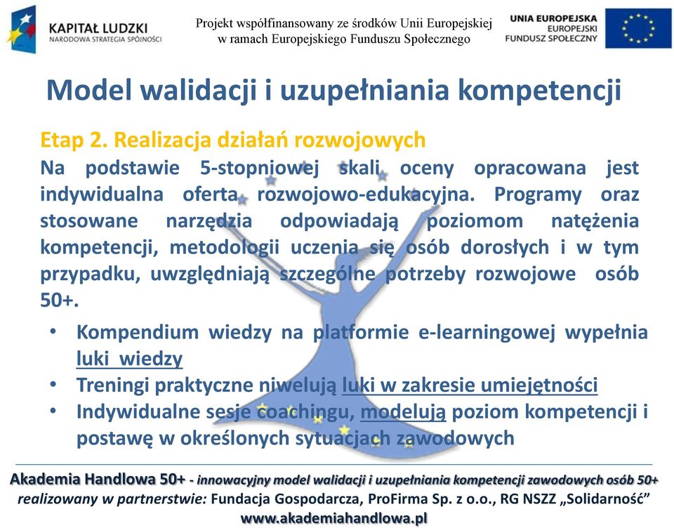 Programy oraz stosowane narzędzia odpowiadają poziomom natężenia kompetencji, metodologii uczenia się osób dorosłych i w tym przypadku, uwzględniają