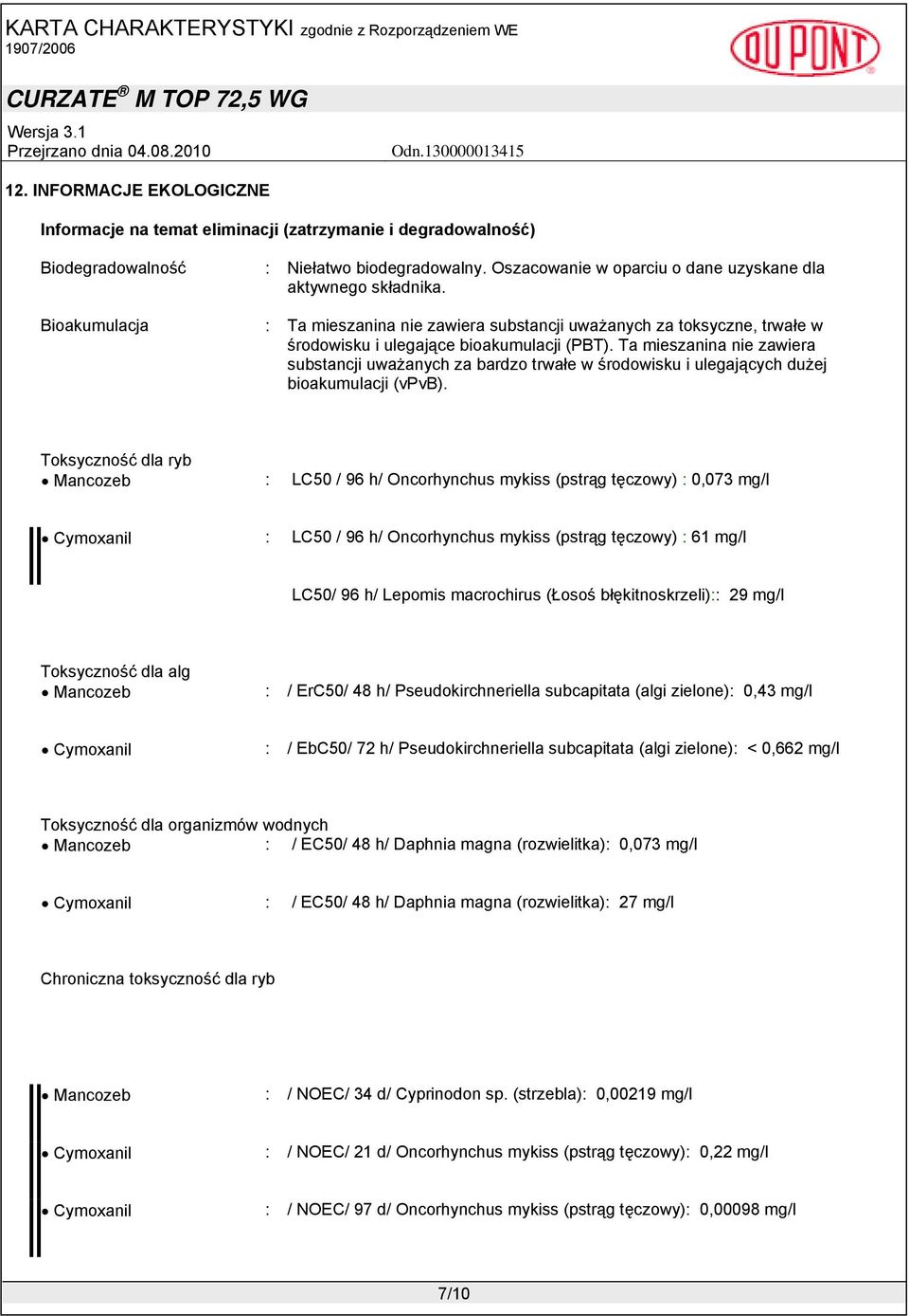 Ta mieszanina nie zawiera substancji uważanych za bardzo trwałe w środowisku i ulegających dużej bioakumulacji (vpvb).