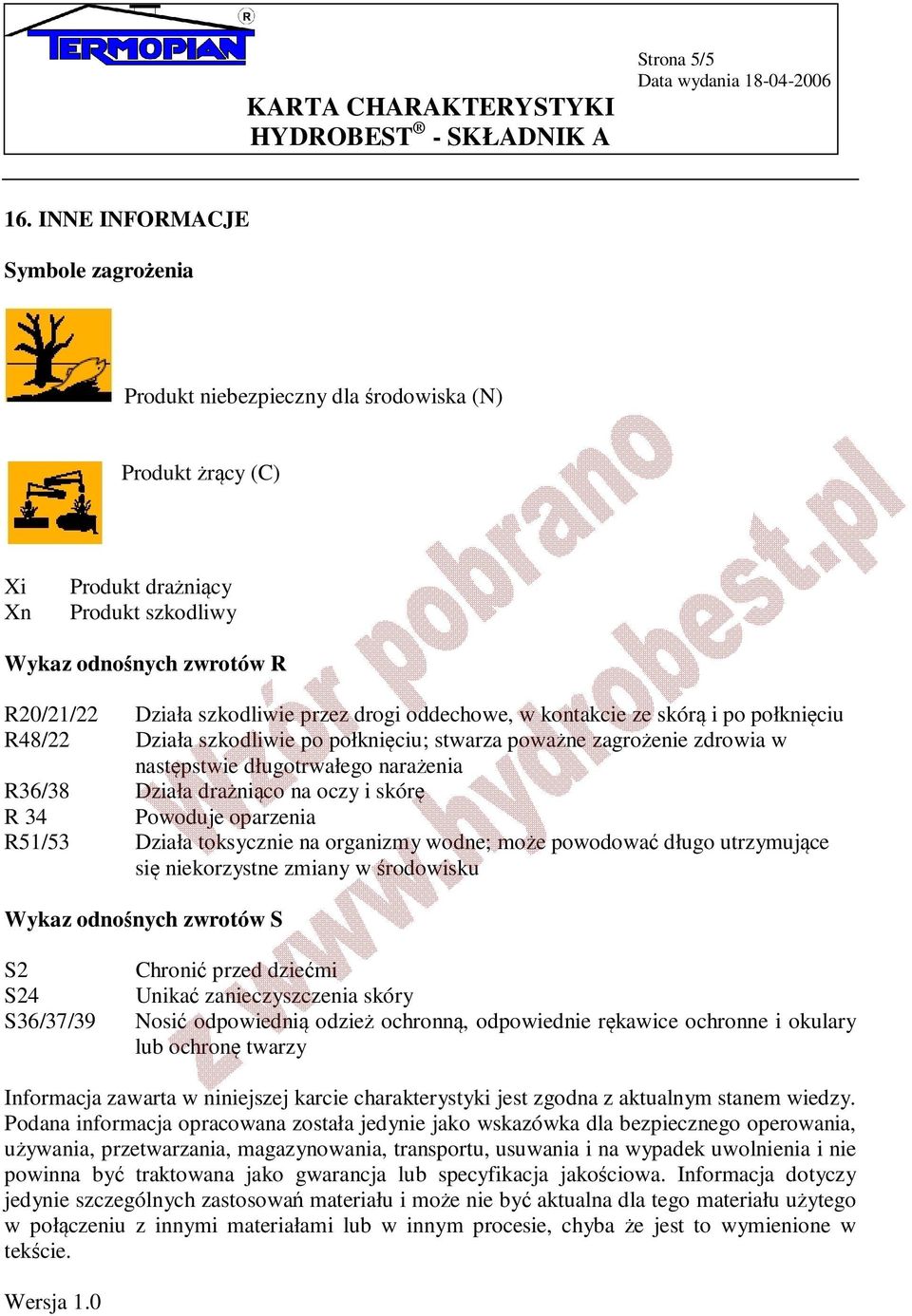 drogi oddechowe, w kontakcie ze skórą i po połknięciu R48/22 Działa szkodliwie po połknięciu; stwarza poważne zagrożenie zdrowia w następstwie długotrwałego narażenia R36/38 Działa drażniąco na oczy