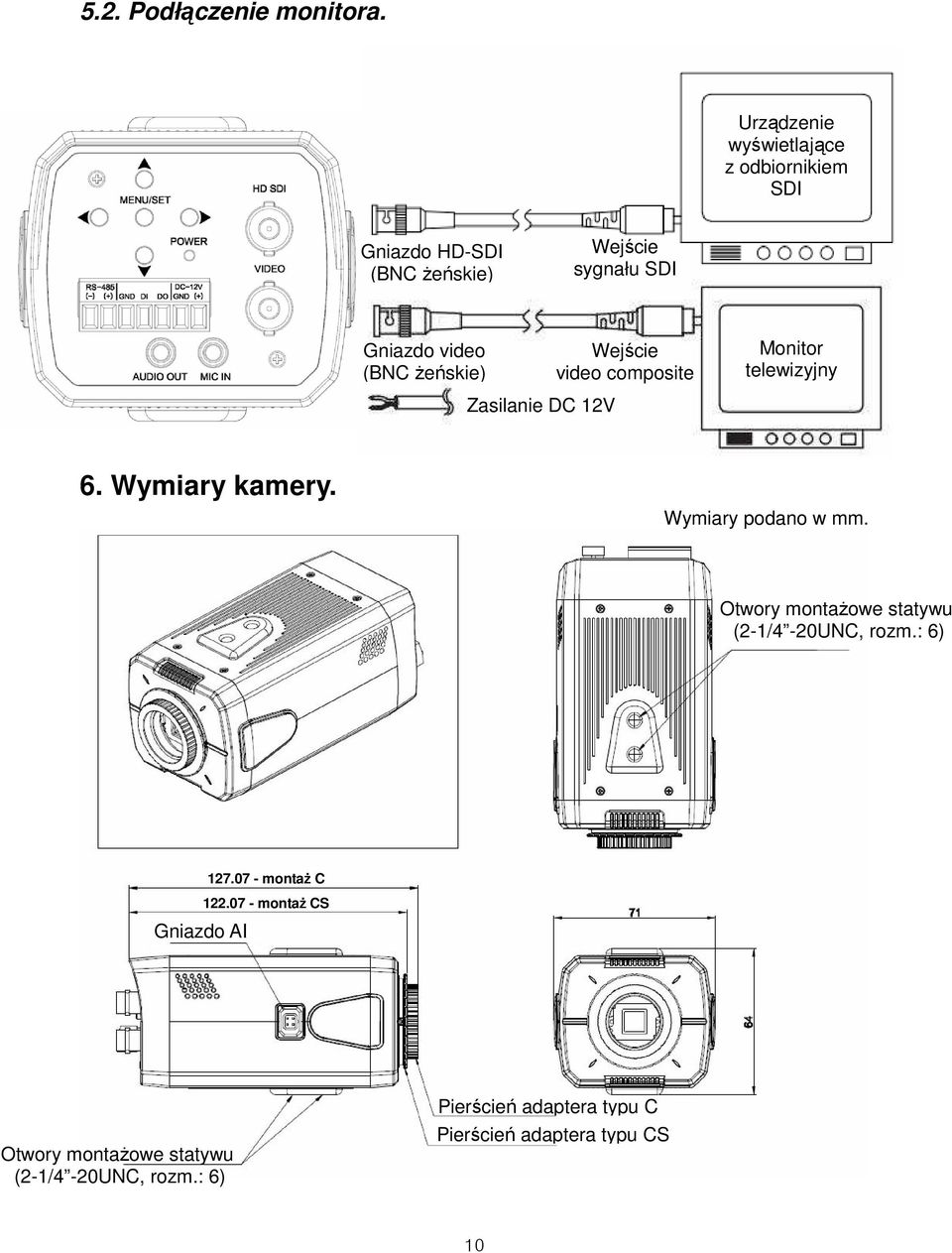 żeńskie) Wejście video composite Monitor telewizyjny Zasilanie DC 12V 6. Wymiary kamery. Wymiary podano w mm.