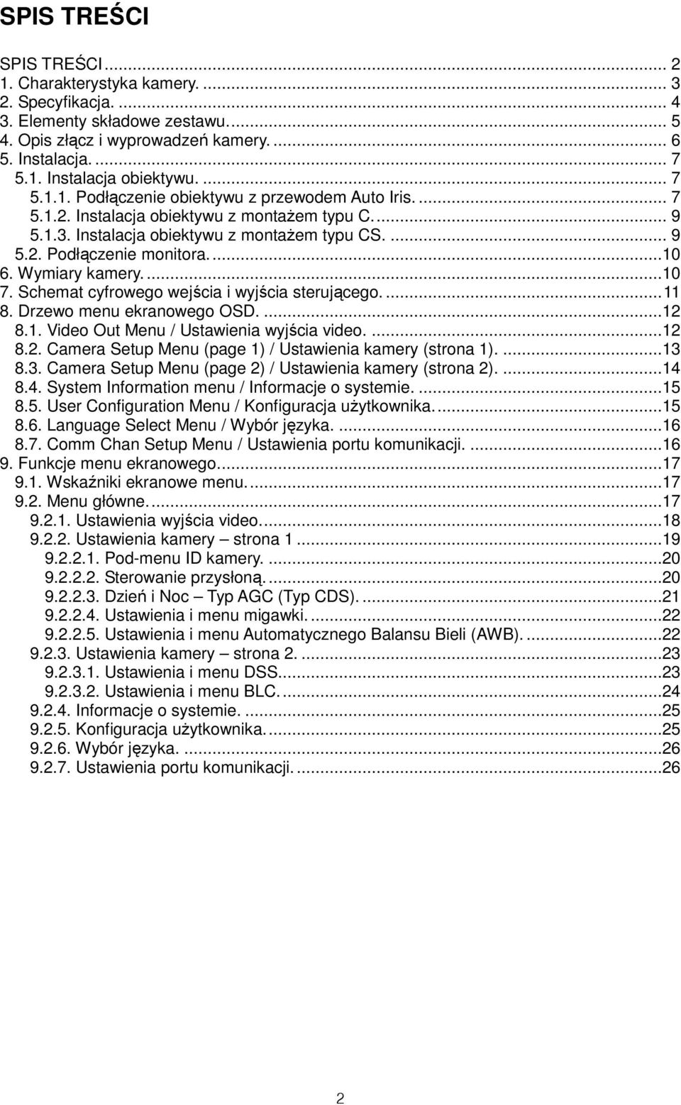 Wymiary kamery...10 7. Schemat cyfrowego wejścia i wyjścia sterującego....11 8. Drzewo menu ekranowego OSD....12 8.1. Video Out Menu / Ustawienia wyjścia video....12 8.2. Camera Setup Menu (page 1) / Ustawienia kamery (strona 1).