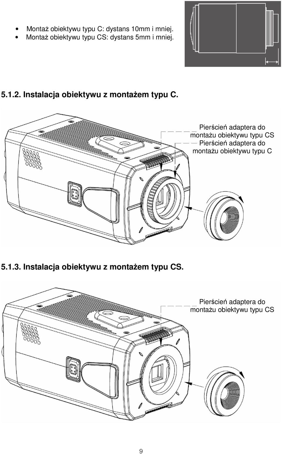 Instalacja obiektywu z montażem typu C.