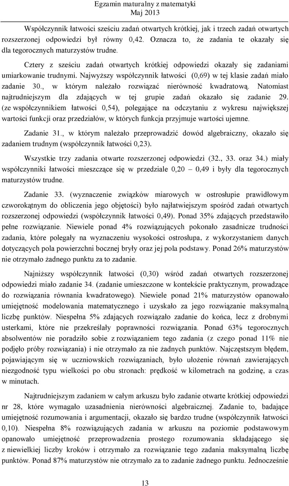 , w którym należało rozwiązać nierówność kwadratową. Natomiast najtrudniejszym dla zdających w tej grupie zadań okazało się zadanie 29.