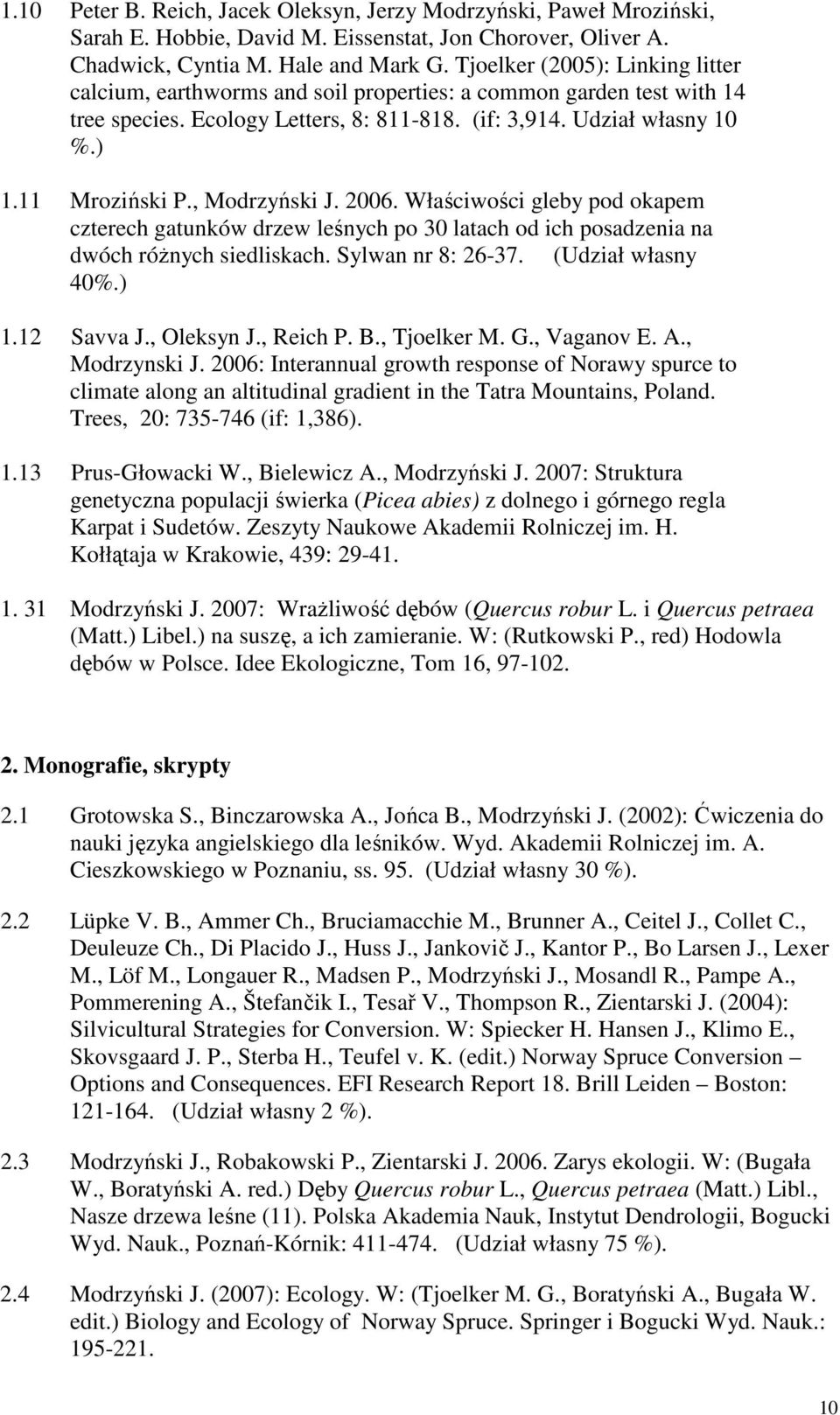 , Modrzyński J. 2006. Właściwości gleby pod okapem czterech gatunków drzew leśnych po 30 latach od ich posadzenia na dwóch róŝnych siedliskach. Sylwan nr 8: 26-37. (Udział własny 40%.) 1.12 Savva J.