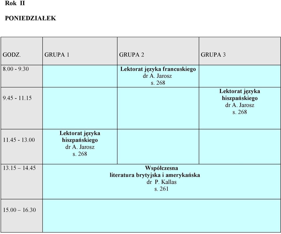 Jarosz Lektorat języka hiszpańskiego dr A. Jarosz 11.45-13.