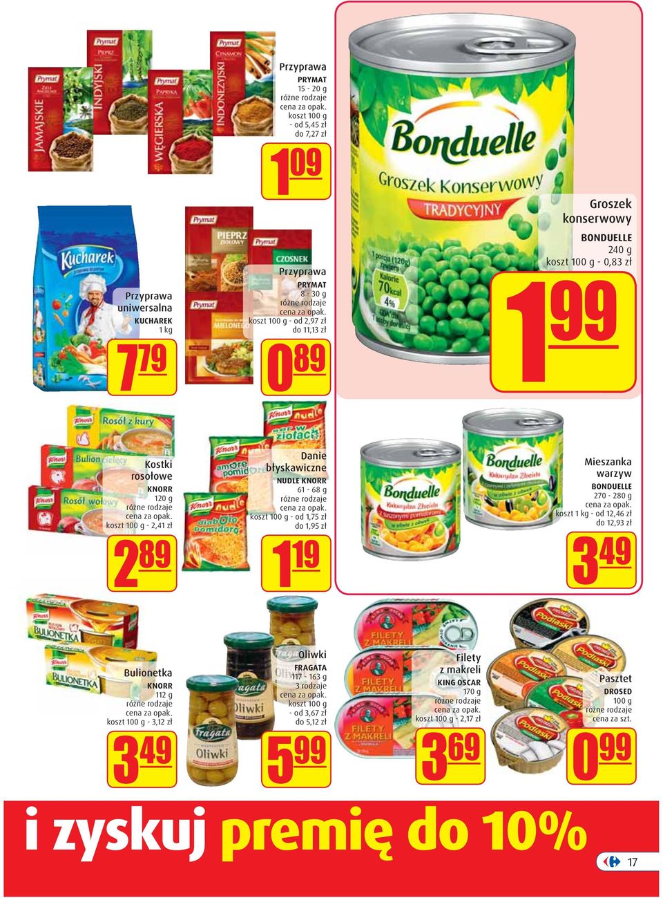 koszt 100 g - od 1,75 zł do 1,95 zł 1 19 Mieszanka warzyw BONDUELLE 270-280 g koszt 1 kg - od 12,46 zł do 12,93 zł 3 49 Bulionetka KNORR 112 g koszt 100 g - 3,12 zł