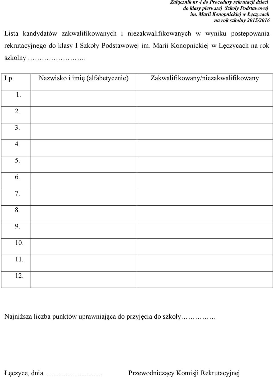 rekrutacyjnego do klasy I Szkoły Podstawowej im. Marii Konopnickiej w Łęczycach na rok szkolny. Lp.
