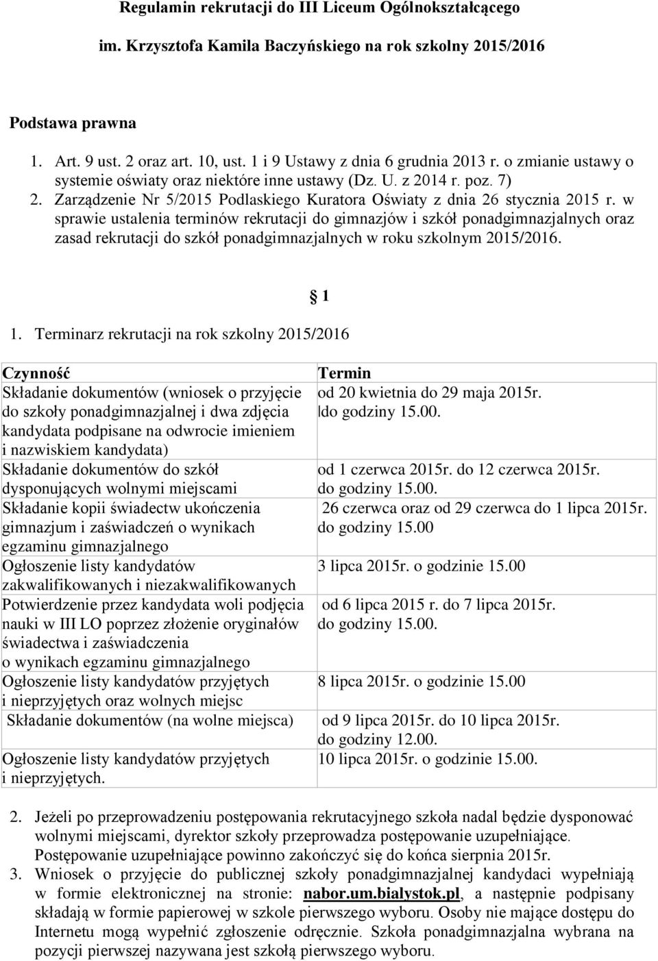 Zarządzenie Nr 5/2015 Podlaskiego Kuratora Oświaty z dnia 26 stycznia 2015 r.