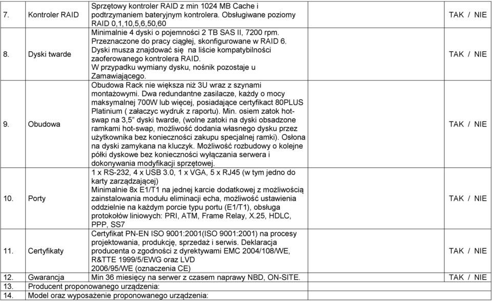 Dyski musza znajdować się na liście kompatybilności zaoferowanego kontrolera RAID. W przypadku wymiany dysku, nośnik pozostaje u Zamawiającego. 9.