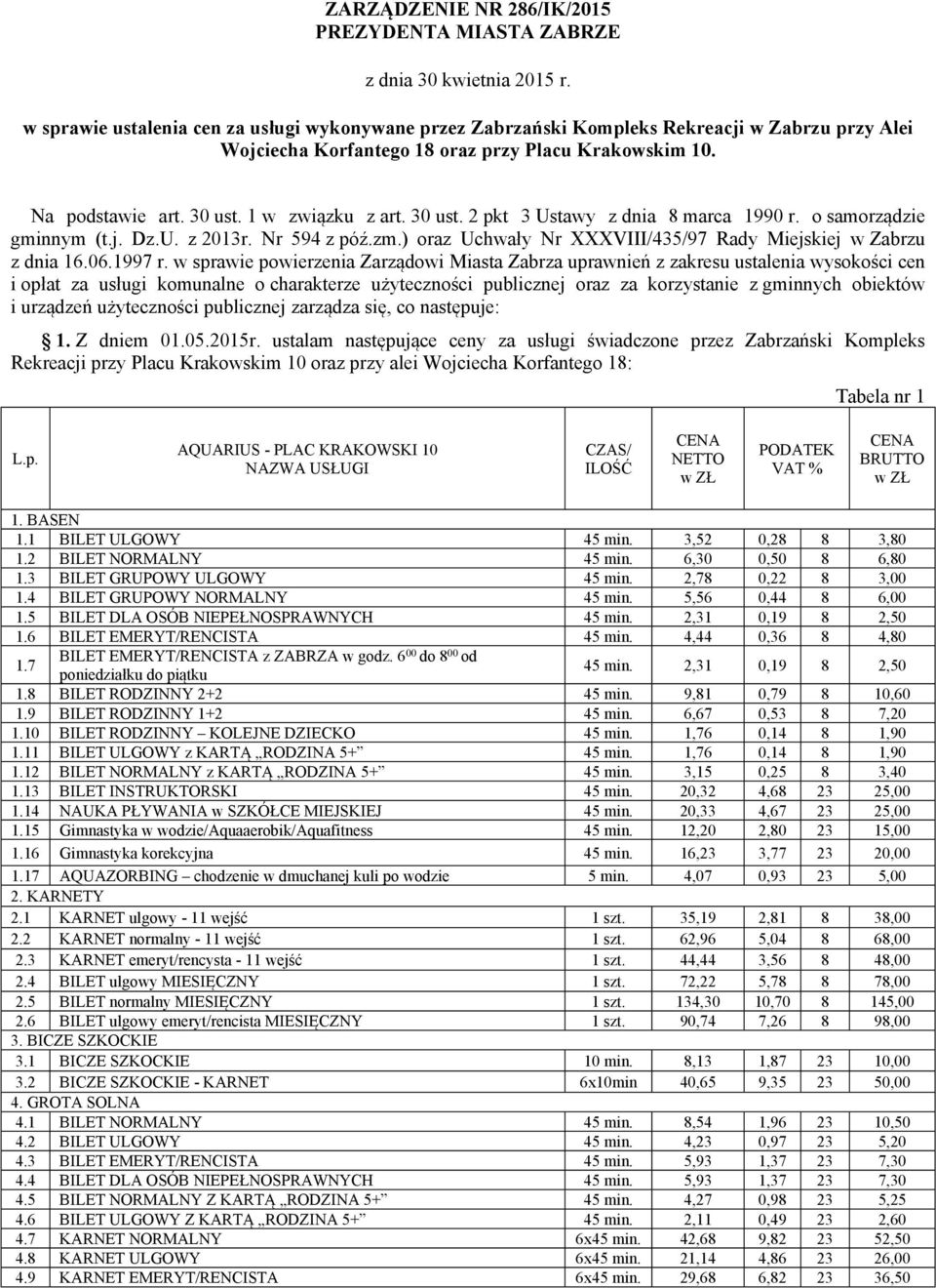 30 ust. 2 pkt 3 Ustawy z dnia 8 marca 1990 r. o samorządzie gminnym (t.j. Dz.U. z 2013r. Nr 594 z póź.zm.) oraz Uchwały Nr XXXVIII/435/97 Rady Miejskiej w Zabrzu z dnia 16.06.1997 r.