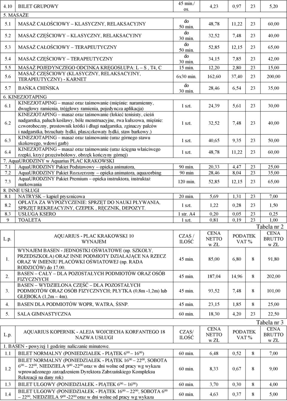 5 MASAŻ POJEDYNCZEGO ODCINKA KRĘGOSŁUPA: L S, T4, C 15 min. 12,20 2,80 23 15,00 5.6 MASAŻ CZĘŚCIOWY (KLASYCZNY, RELAKSACYJNY, TERAPEUTYCZNY) - KARNET 6x30 min. 162,60 37,40 23 200,00 5.